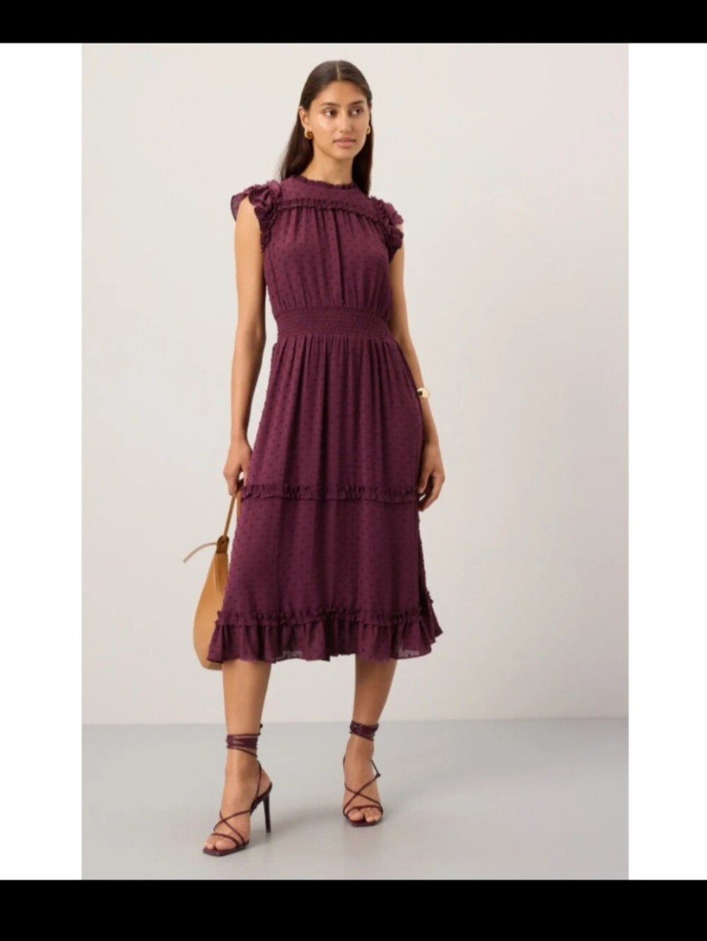 CeCe Women's Plum Ruffled Midi Dress with flutter sleeve.  Size L. NWT